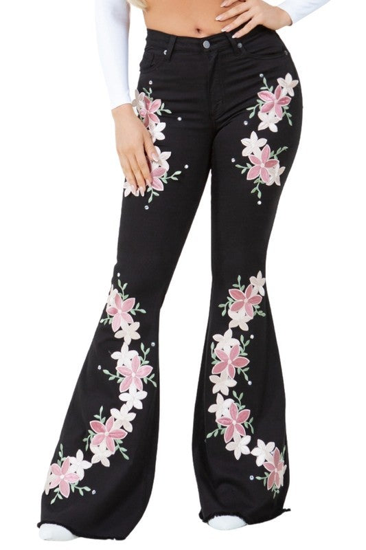 Women's Angela Bell Bottom Floral Jeans in Black