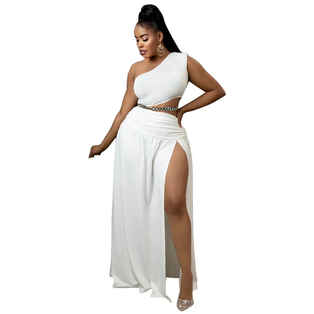 Women Clothes Set Sexy One Shoulder Crop Top Side Split A Line Skirt Beach Party Two Pieces Set Summer 2022