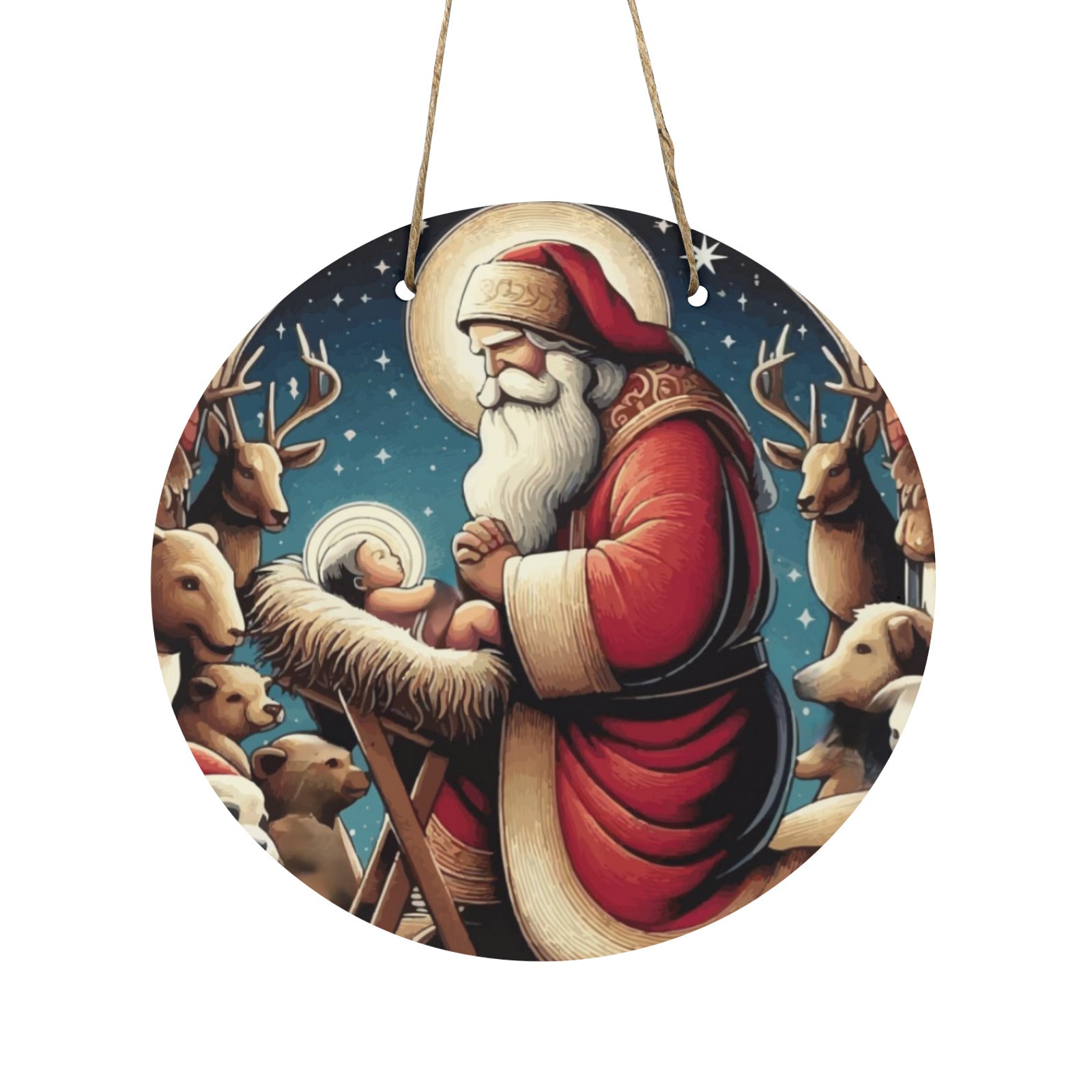 Santa with Baby Jesus Round Wooden Door Sign 11.8'' (Made in USA)