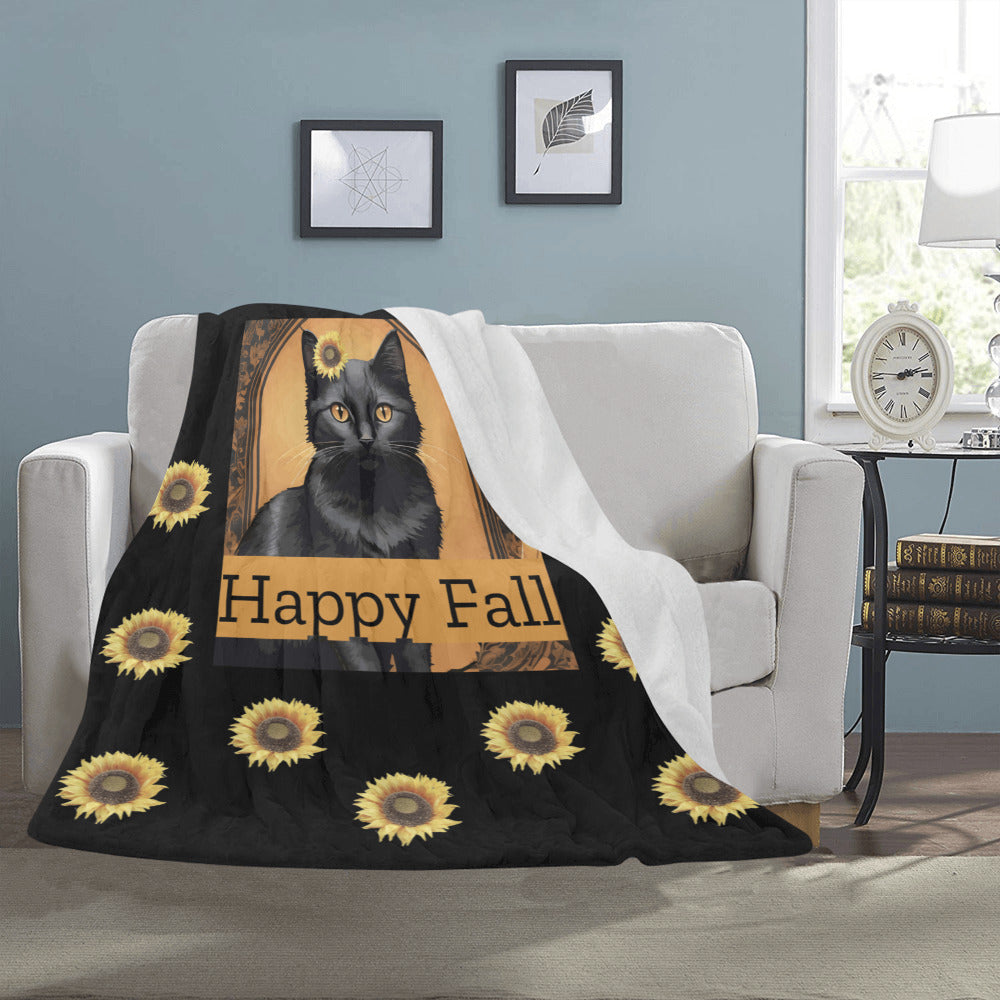 Happy Fall Black Cat with Sunflowers Ultra-Soft Micro Fleece Blanket 50