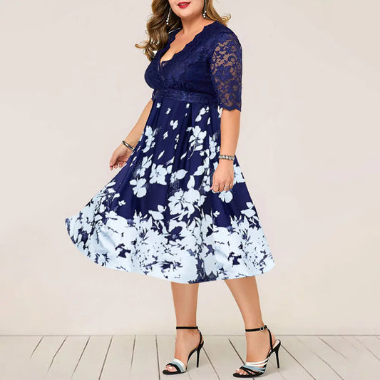 Plus Size Elegant Blue Lace Summer Evening Dress
