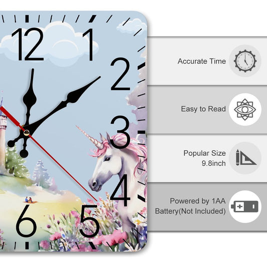 Purple Unicorn and Castle Square Wall Clock with Numbers | Ships from USA
