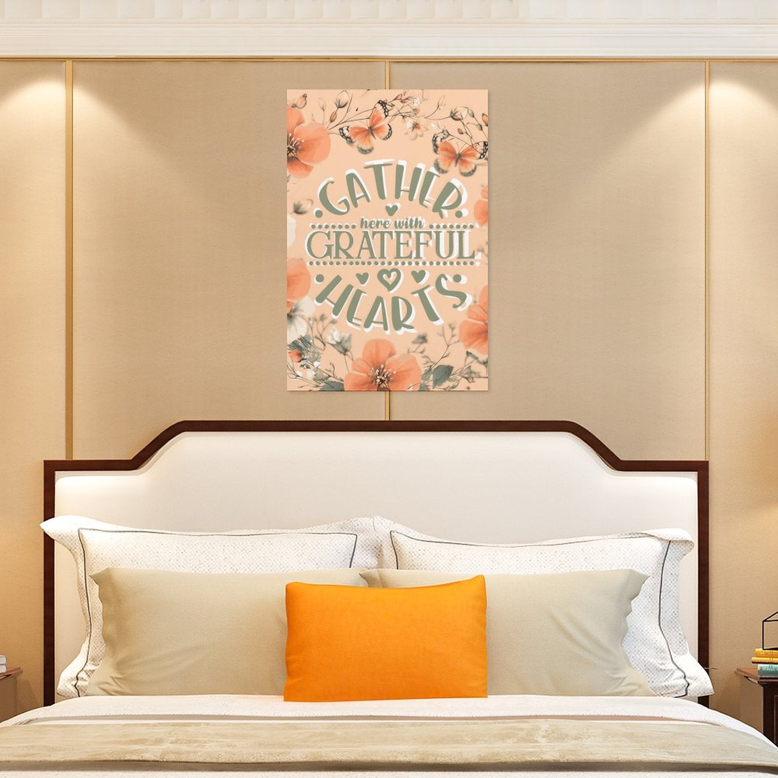 Gather Here with Grateful Hearts Orange Decorative Canvas Hanging Poster Unframed