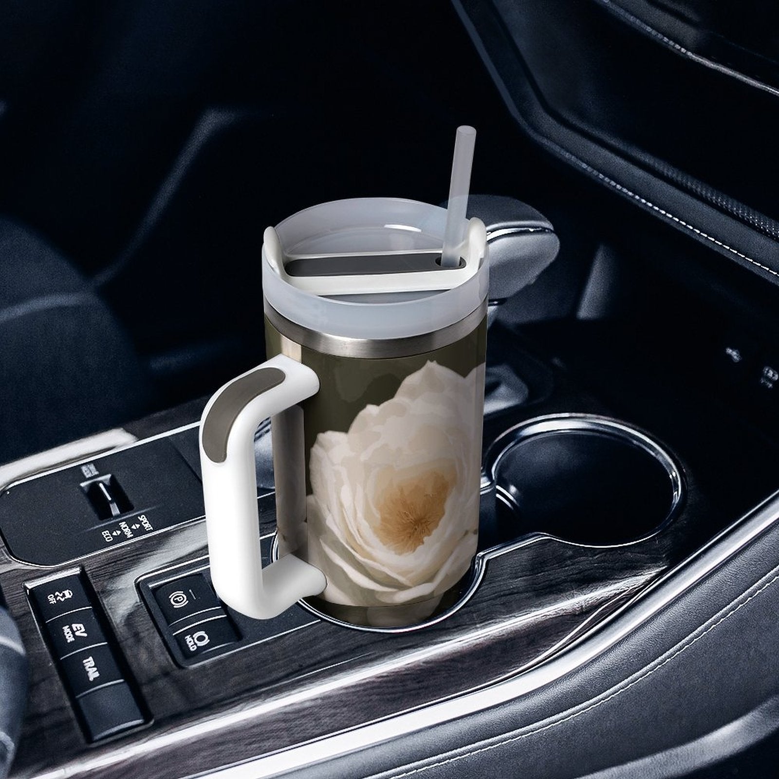 White Rose 40oz Large Capacity Stainless Steel Tumbler Cup