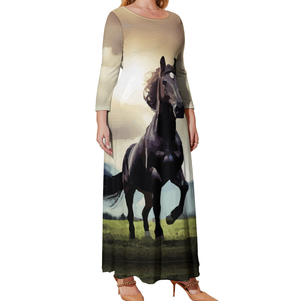 Women's Wild Black Horse Plus Size Long Sleeve Maxi Dress