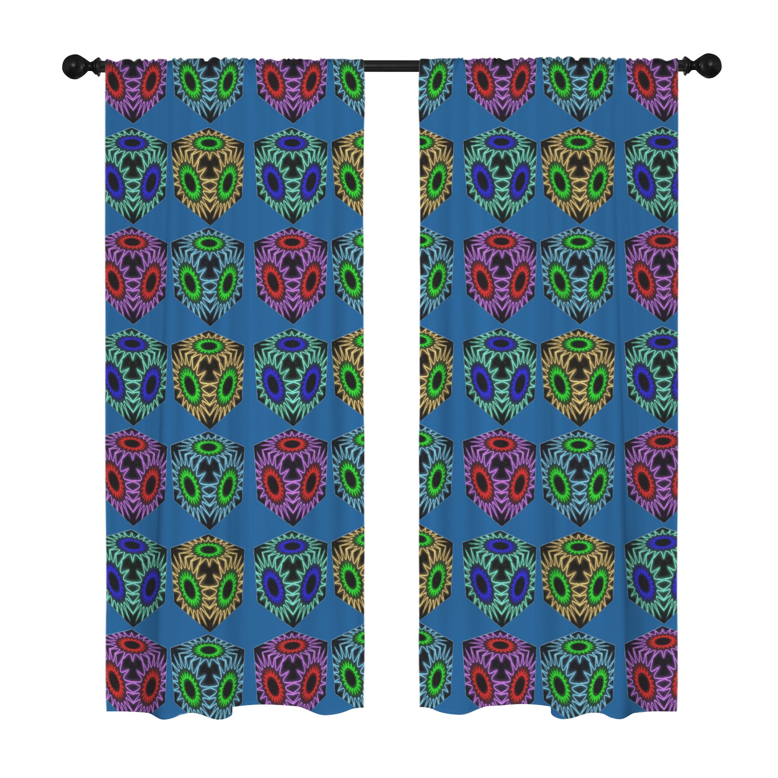 Colorful Cubes Blue Window Curtains - 5 Sizes Available
