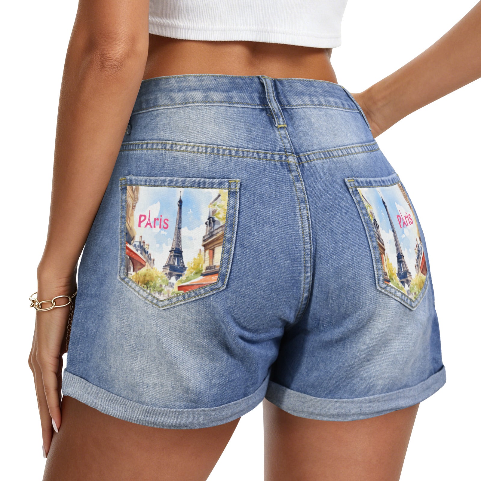 Eiffel Tower in Paris Light-Wash Blue Denim Shorts (Dual Pockets Print)