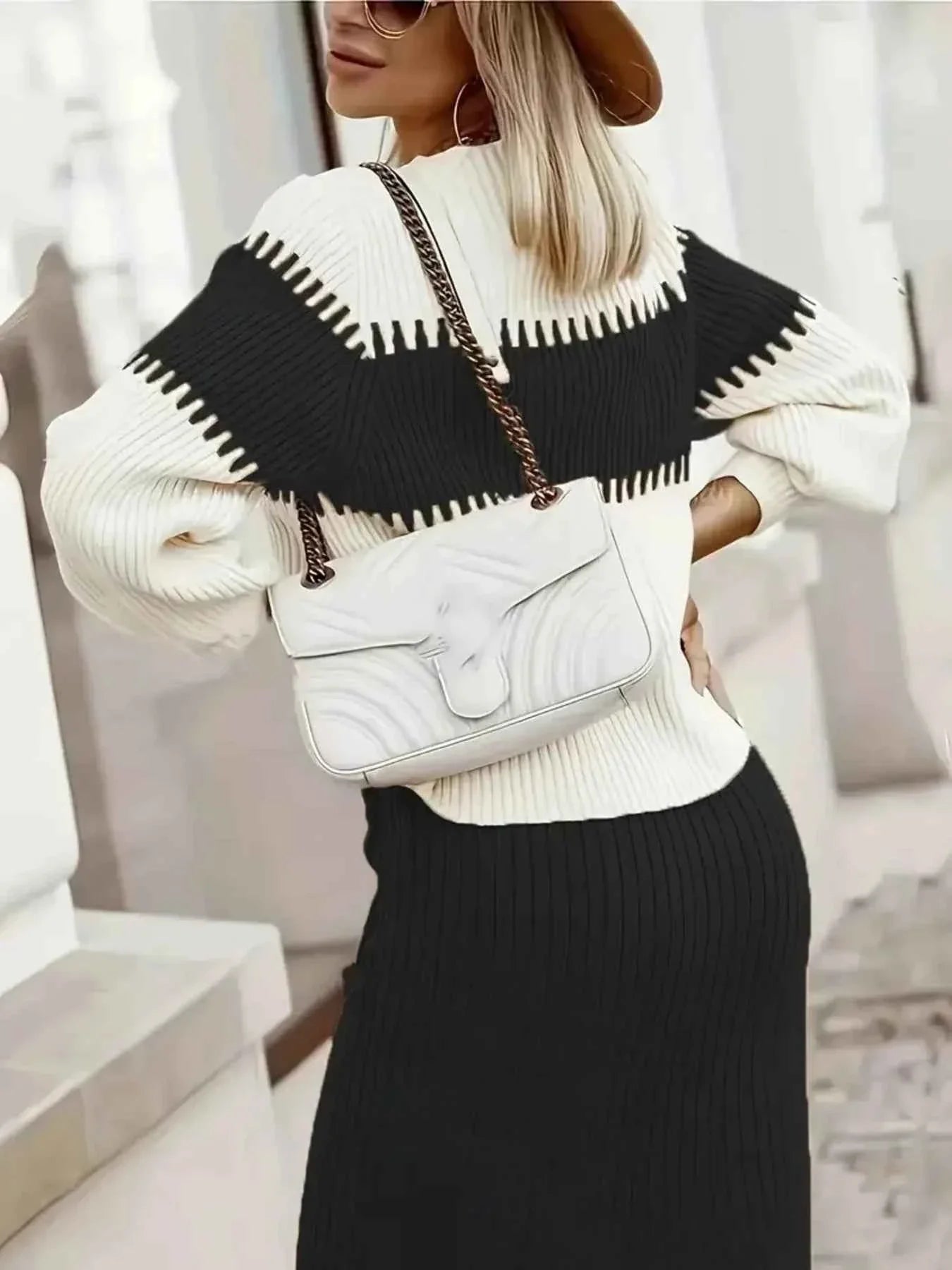 Two-Tone Ribbed Knit Top & Skirt Set Sweater Outfit