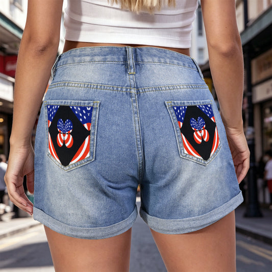 USA Butterfly Light-Wash Blue Denim Shorts (Dual Pockets Print)