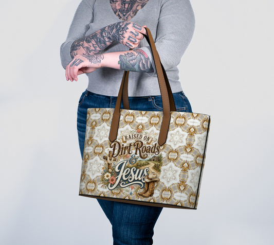 Raised on Dirt Roads & Jesus Vegan Leather Tote Bag