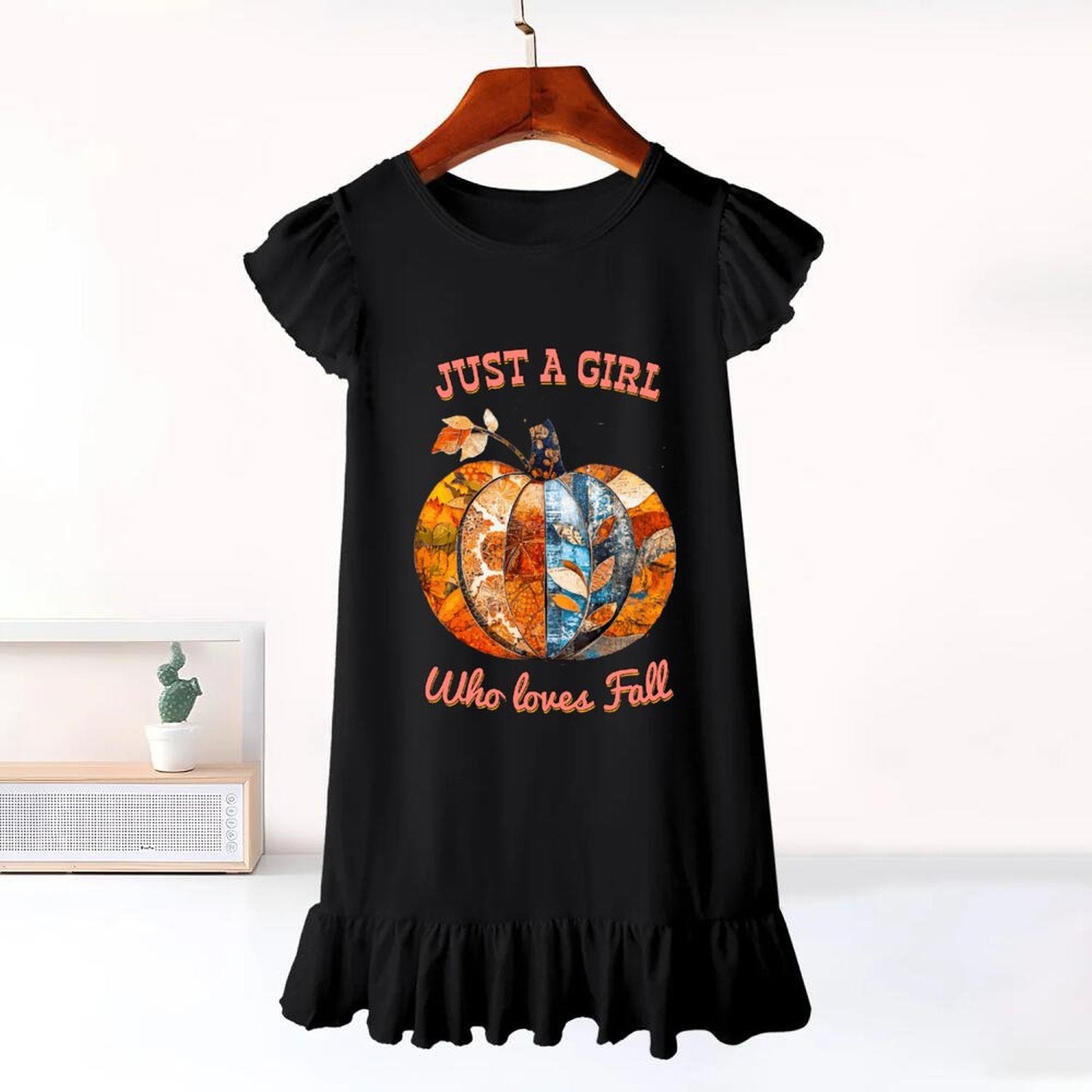 Just a Girl Who Loves Fall Pumpkins Flutter Sleeve Dress for Girls (Front Printing)