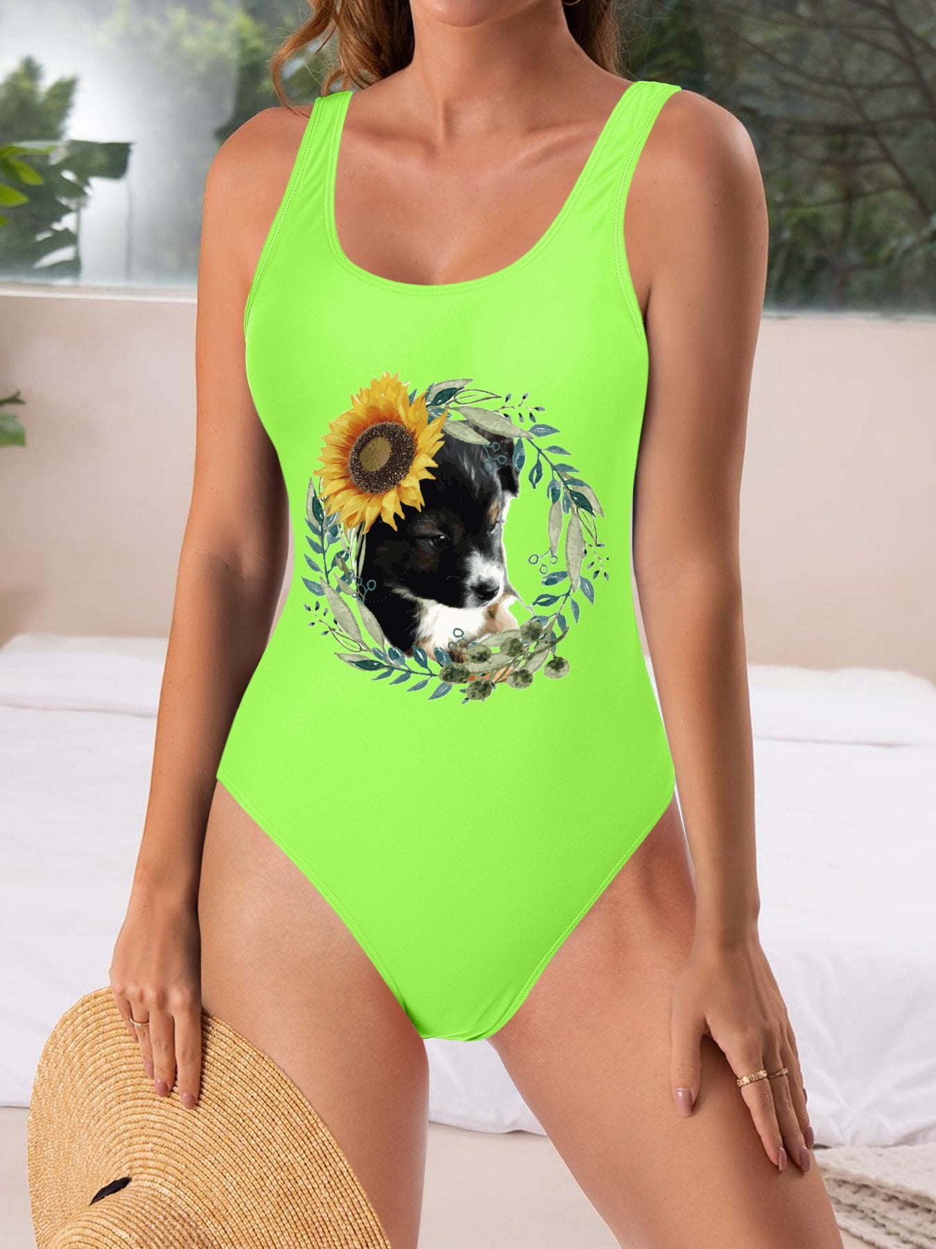 Cute Black Puppy One-Piece Swimsuit for Women (Front Printing)