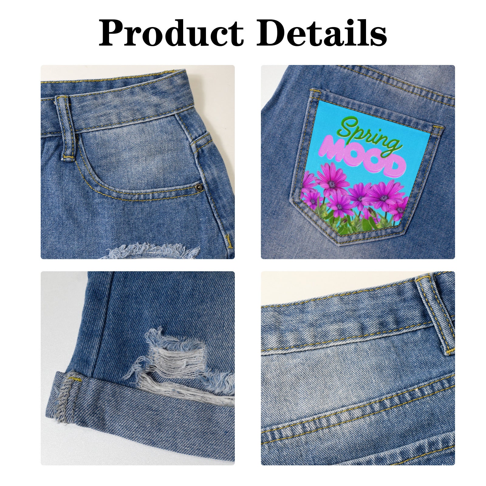 Spring Mood Light-Wash Blue Denim Shorts (Dual Pockets Print)