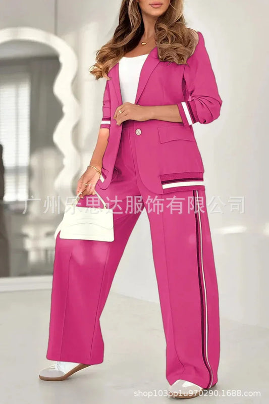 Women's 2 Piece Set Striped Blazer Coat Wide Leg Pants Ensemble Business Suit Outfit