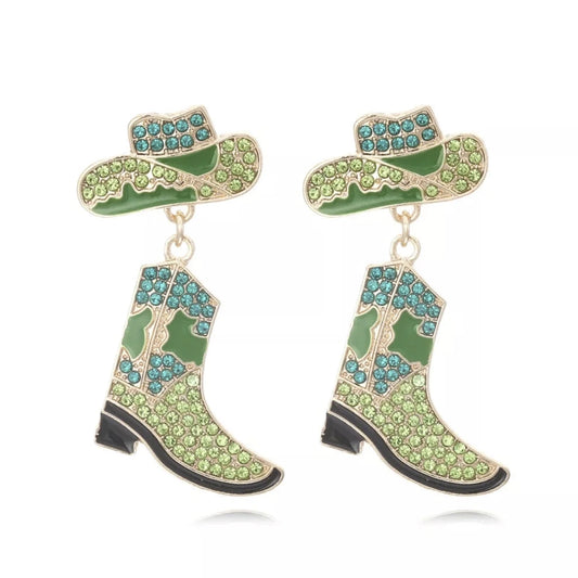 Green cowboy boot and hat earrings on a white background