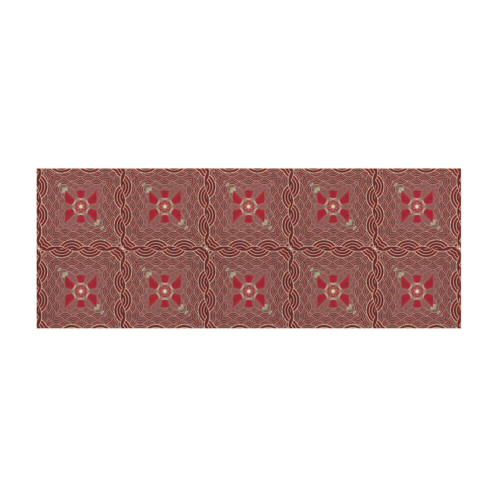 Red patterned rug with geometric design on a white background