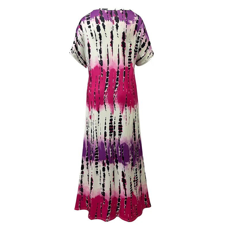 Women's Summer Tie Dye Short Sleeve V-neck Casual Loose Maxi Dress