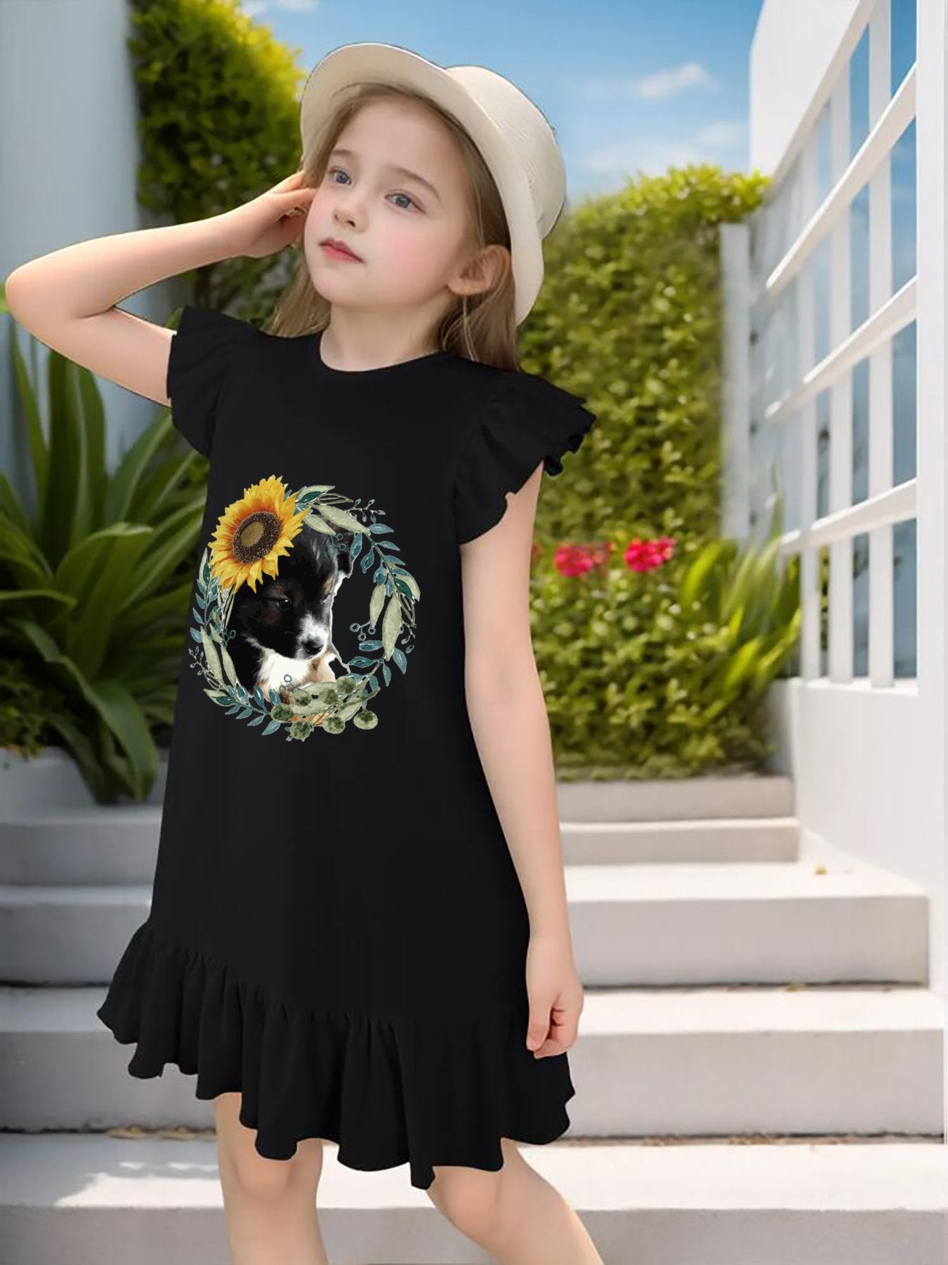 Cute Black Puppy Flutter Sleeve Dress for Girls (Front Printing)