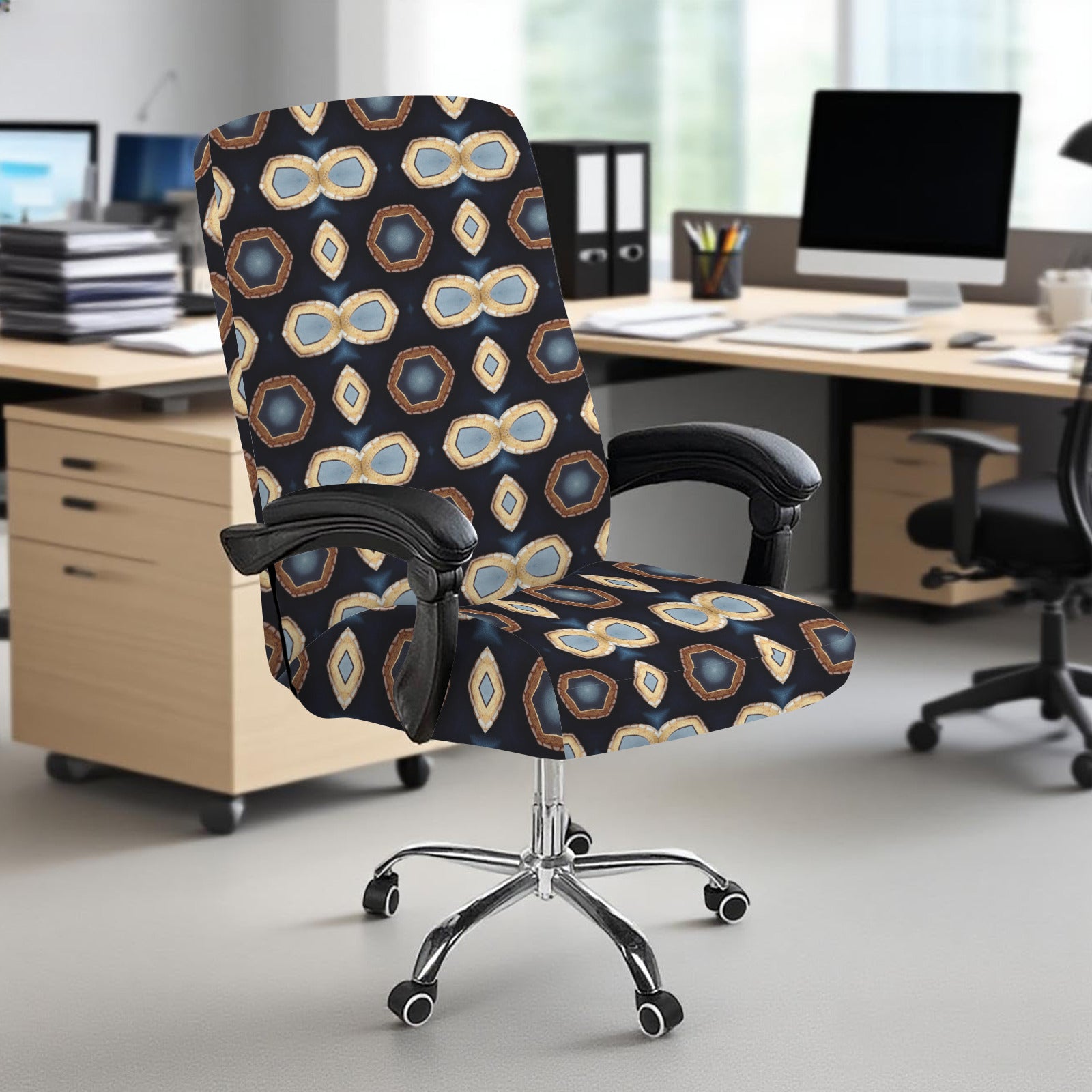 Gold Shapes on Navy Blue Office Chair Cover (Made in USA)