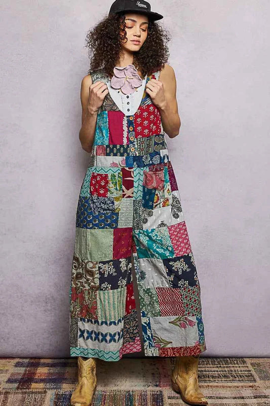 Sage Multi Sleeveless Patchwork Wide Leg Jumpsuit wtih Pockets by POL