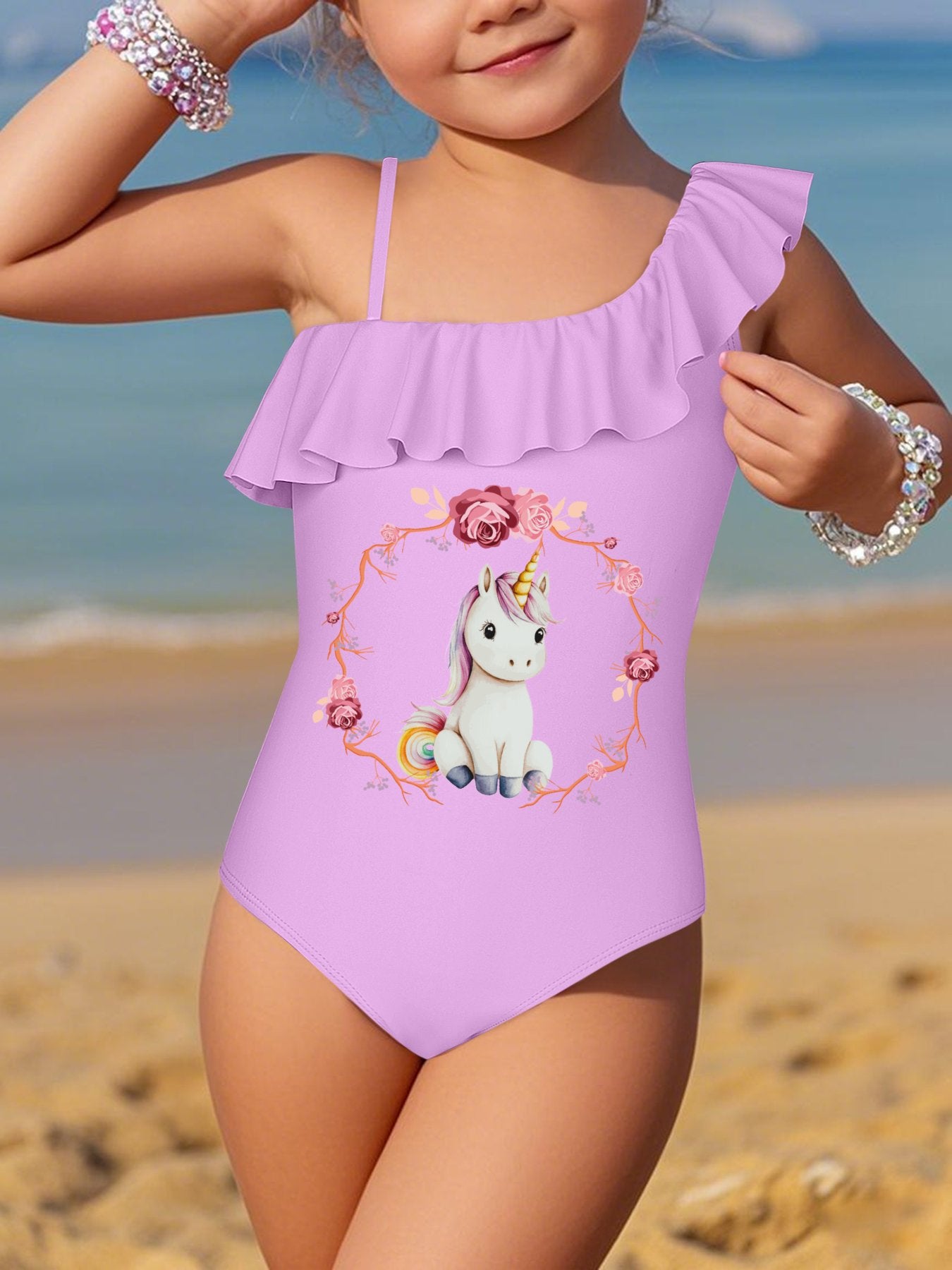 Baby Unicorn with Pink Roses Girls' Ruffled One-Piece Swimsuit (Front Printing)