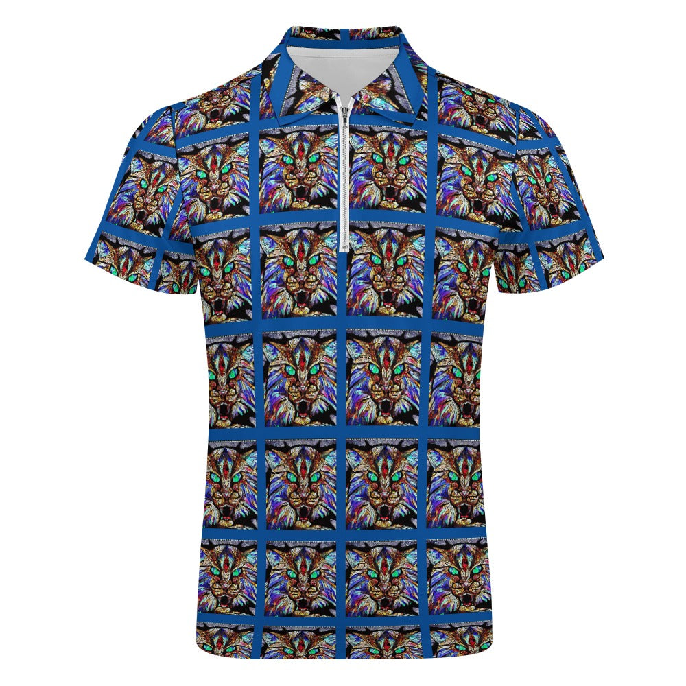 Men's Blue Wildcat Pattern Short Sleeve Polo Shirt