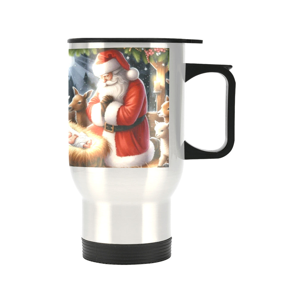 Santa with Baby Jesus Silver Travel Mug Tumbler - 14 oz (Made in USA)