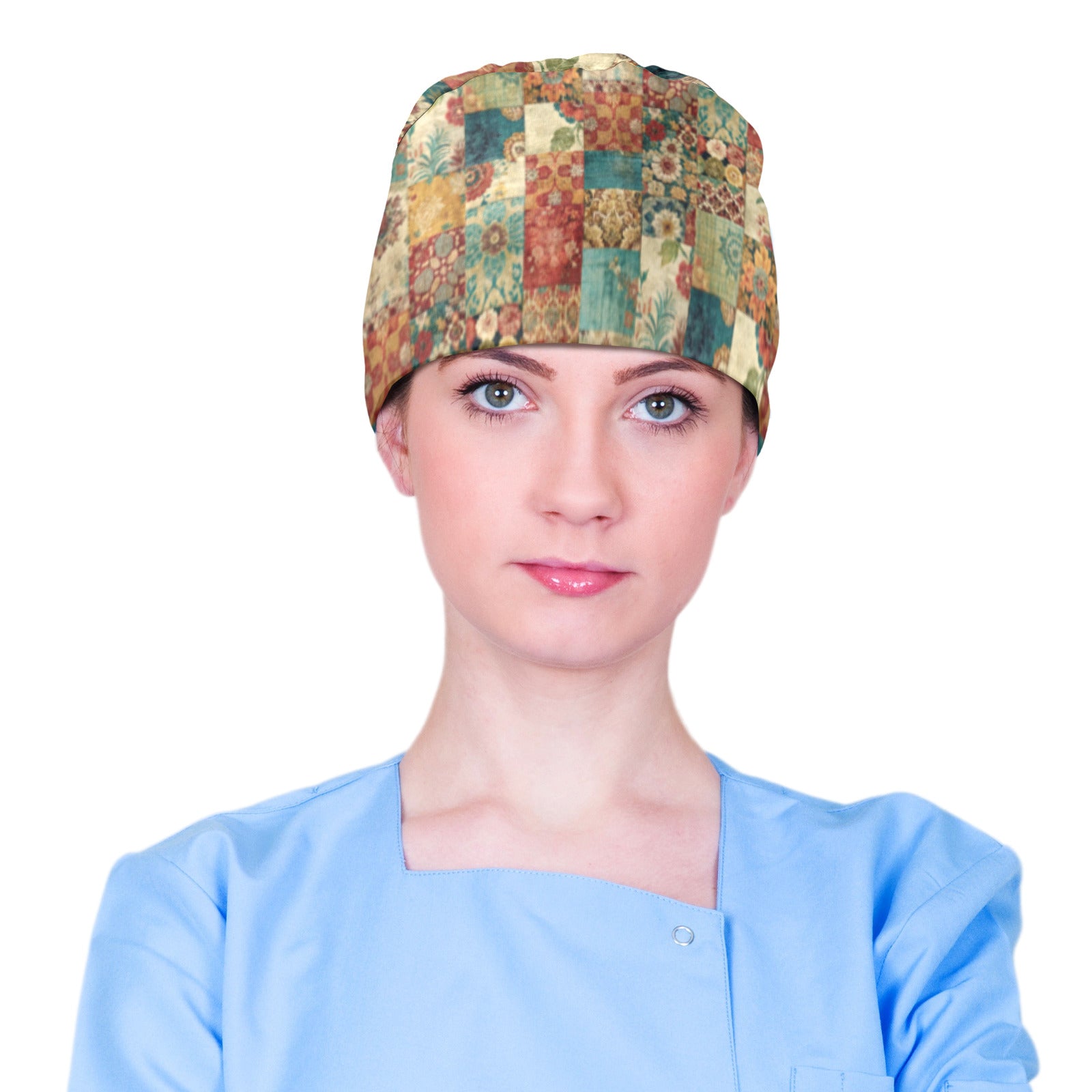 Old Fashioned Faux Patchwork Quilt Pattern Medical Scrub Cap (Made in USA)