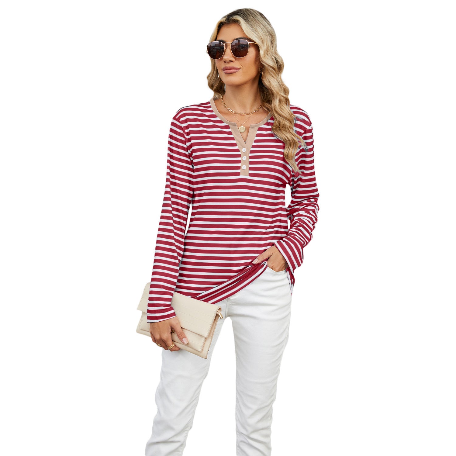 Women's V-neck Striped Loose Long-sleeved T-shirt