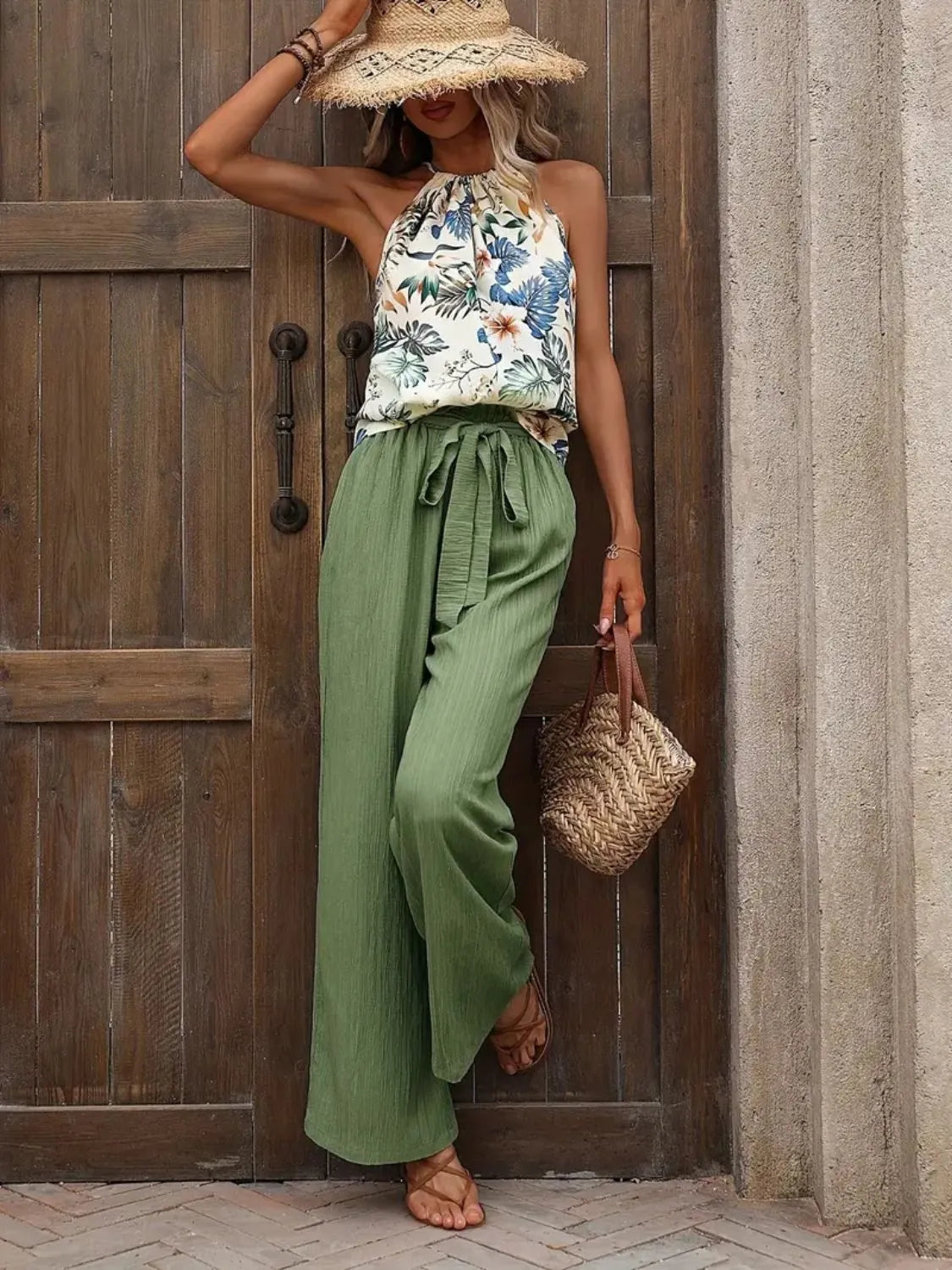 Women's Printed Tank Top and Wide Leg Pants Set Outfit