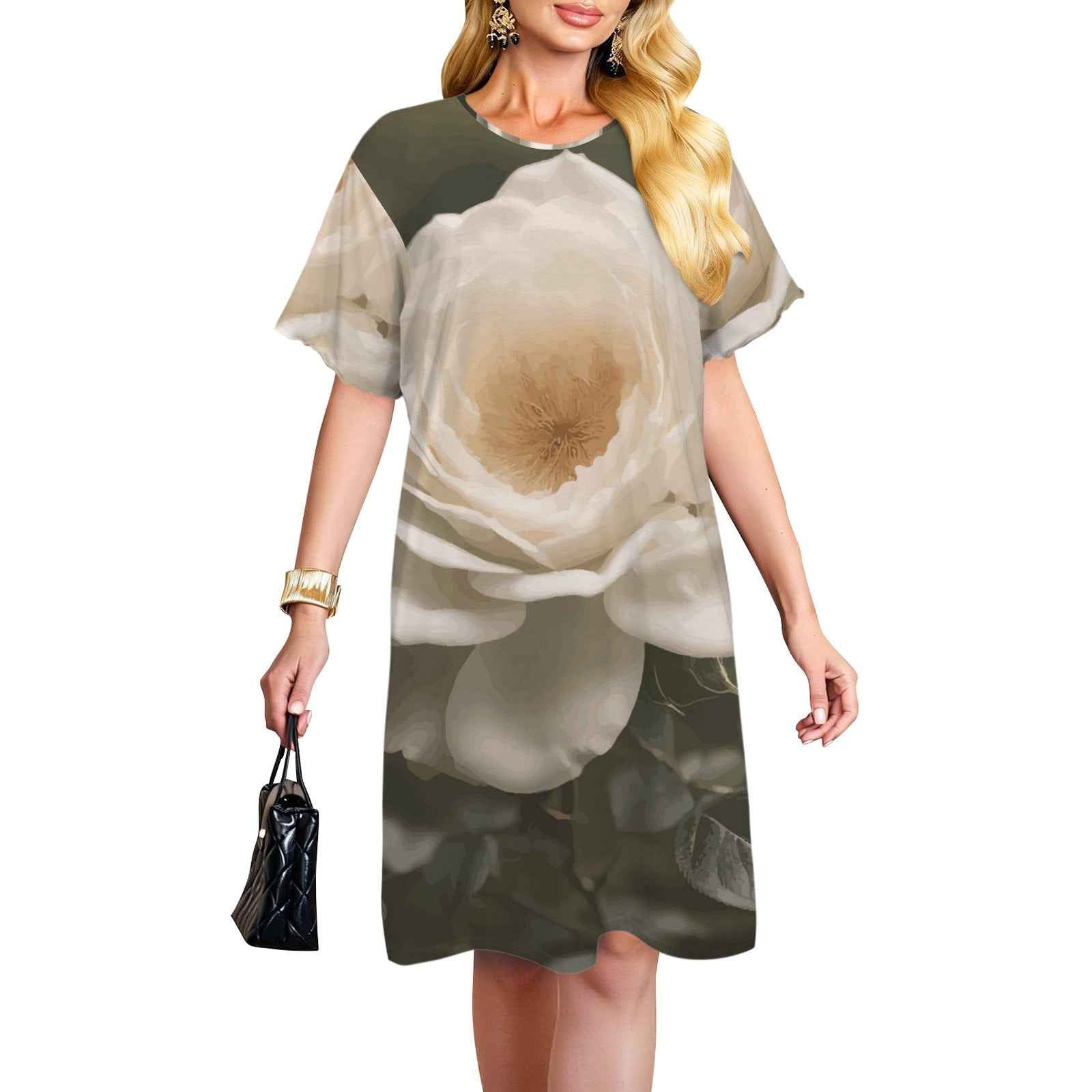 White Rose Women's Crew Neck Short Sleeve Dress (Model D76)