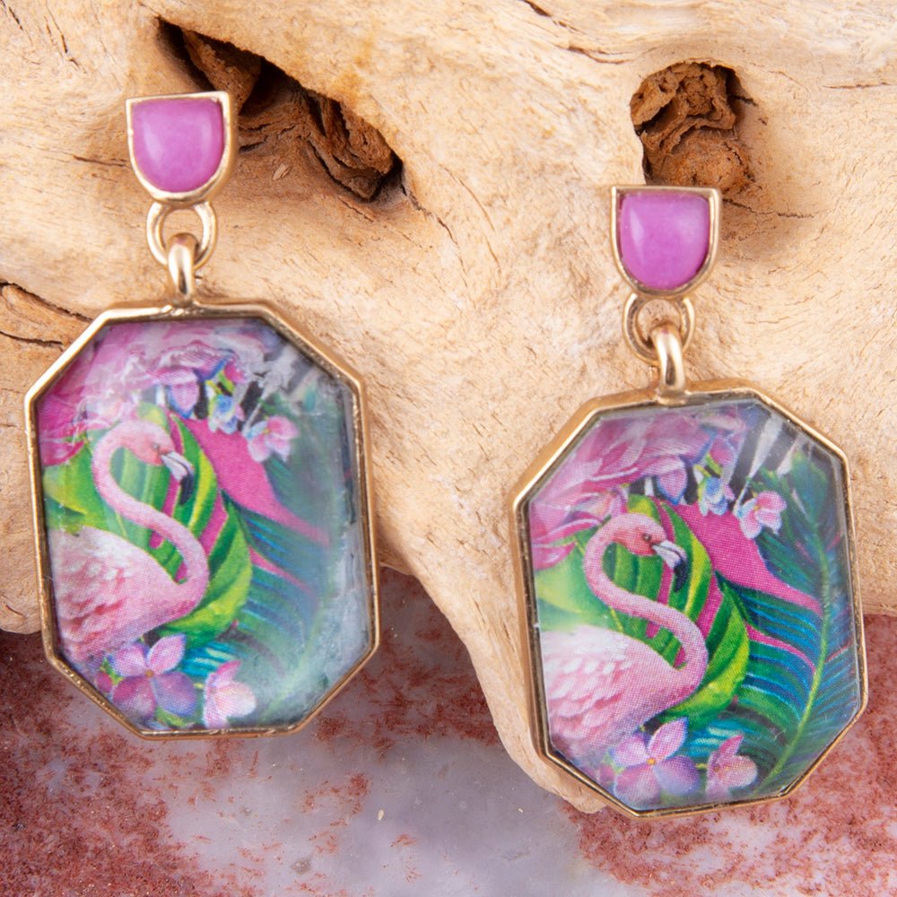 Flamingo Pink Agate Golden Post Drop Earrings