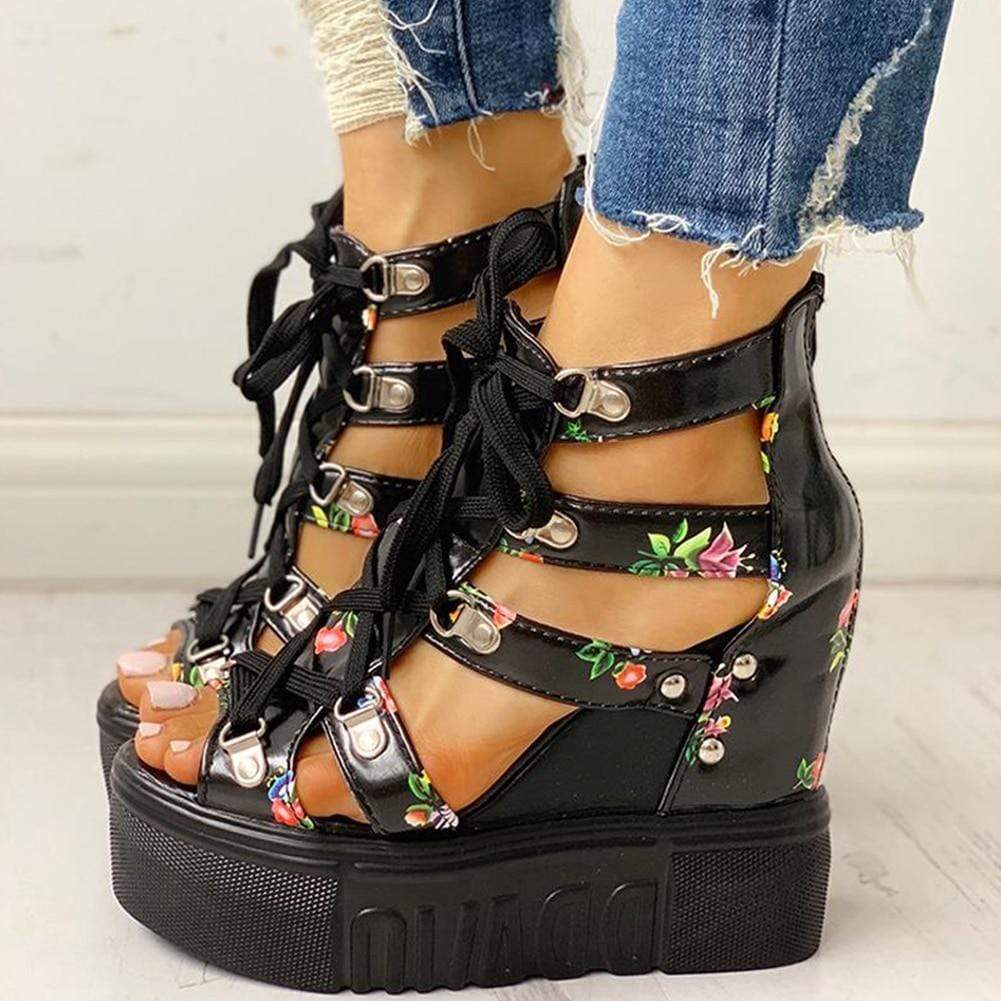 Women's Floral Design Platform Wedge Sandals