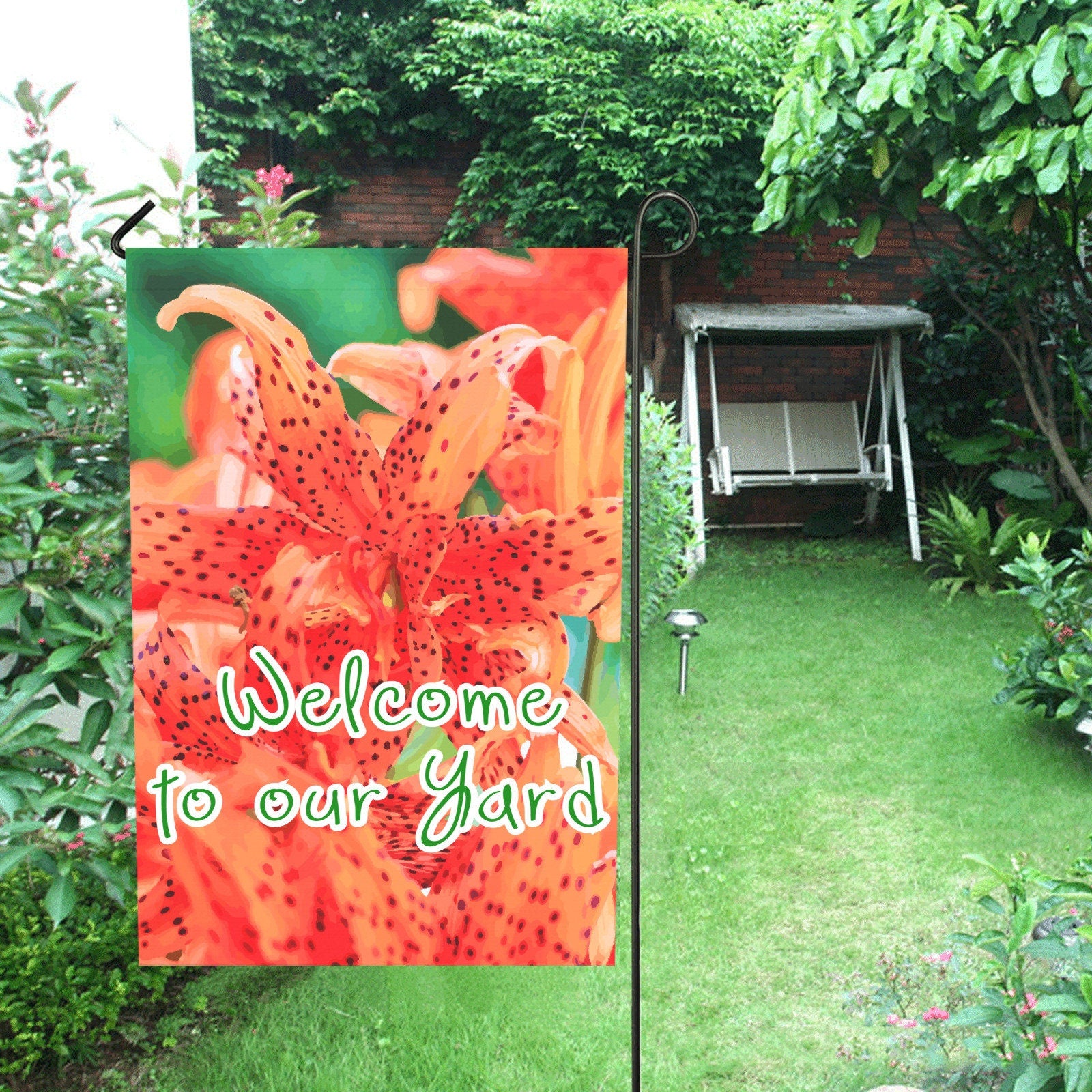 Welcome to our Yard Orange Flowers Garden Flag 28