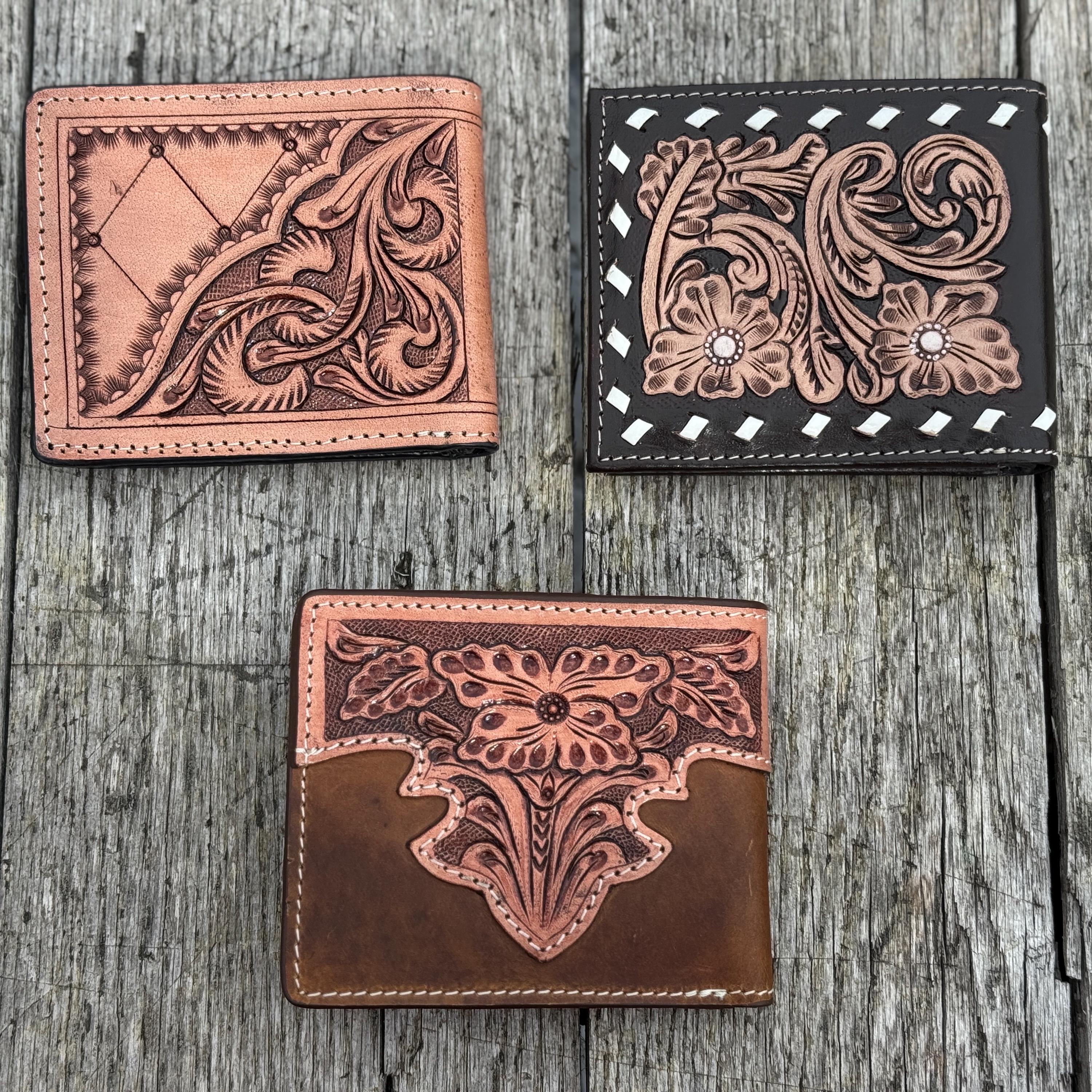 Men’s Western bi-fold wallet tooled floral Cow Skull Aces Cards details by Double B Wild Rags