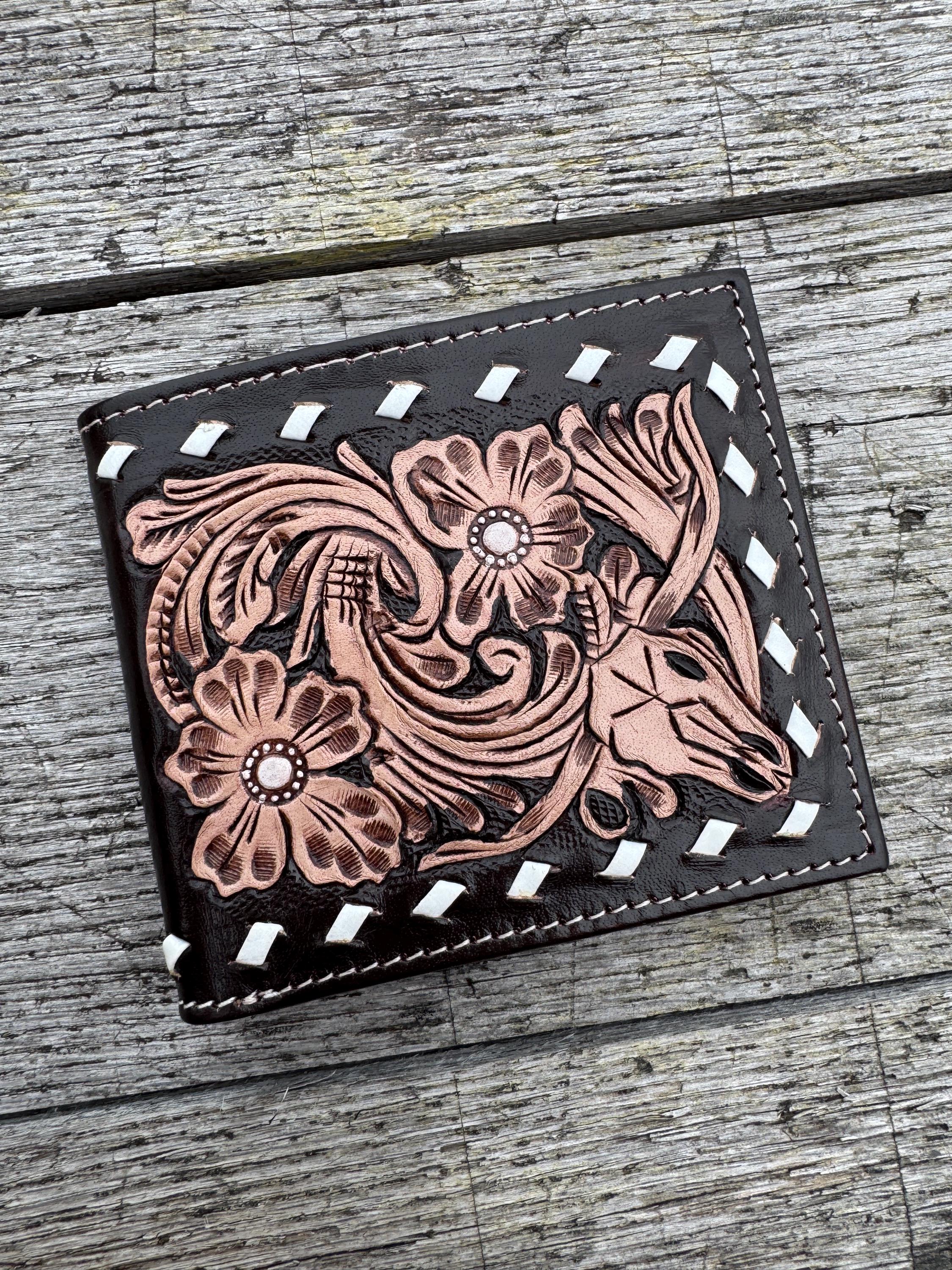 Men’s Western bi-fold wallet tooled floral Cow Skull Aces Cards details by Double B Wild Rags