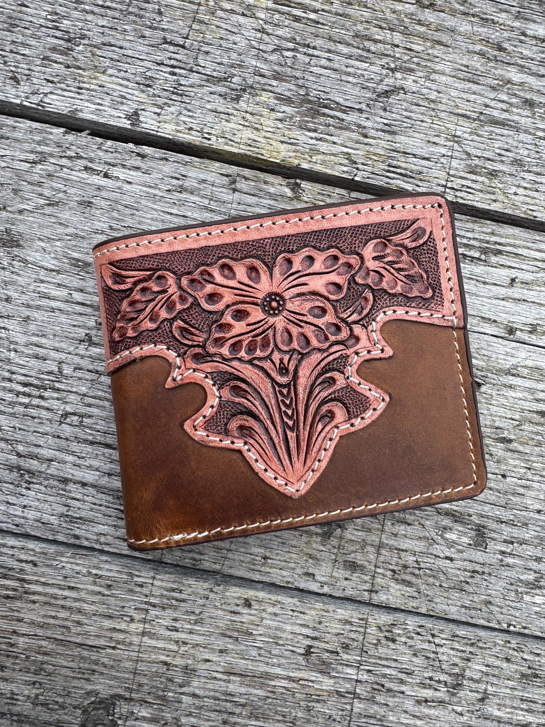 Men’s Western bi-fold wallet tooled floral Cow Skull Aces Cards details by Double B Wild Rags