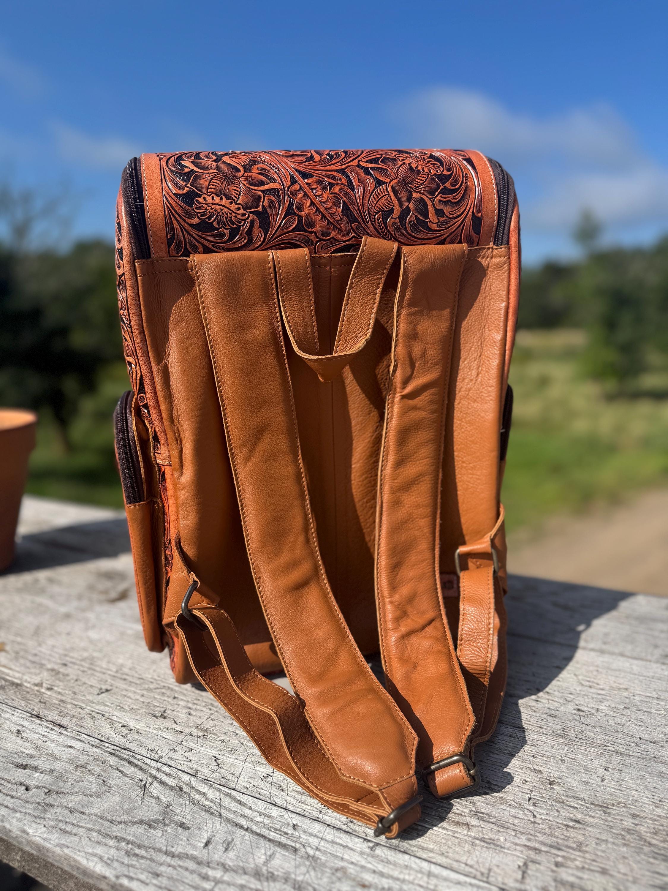 Fully Tooled Western Backpack Genuine Leather Diaper Bag Personal Item carry-on luggage by Double B Wild Rags