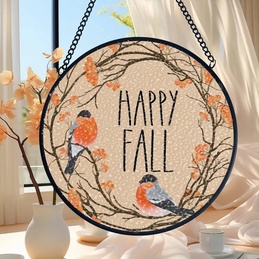 Happy Fall with Orange Birds and Tree Branches Suncatcher