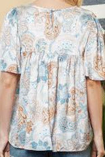 Gold and Blue Printed Round Neck Short Sleeve Flowy Blouse - size S