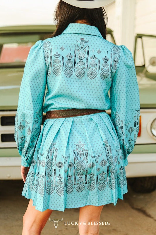 Jade Aztec Pearl Snap Button Down Pleated Dress