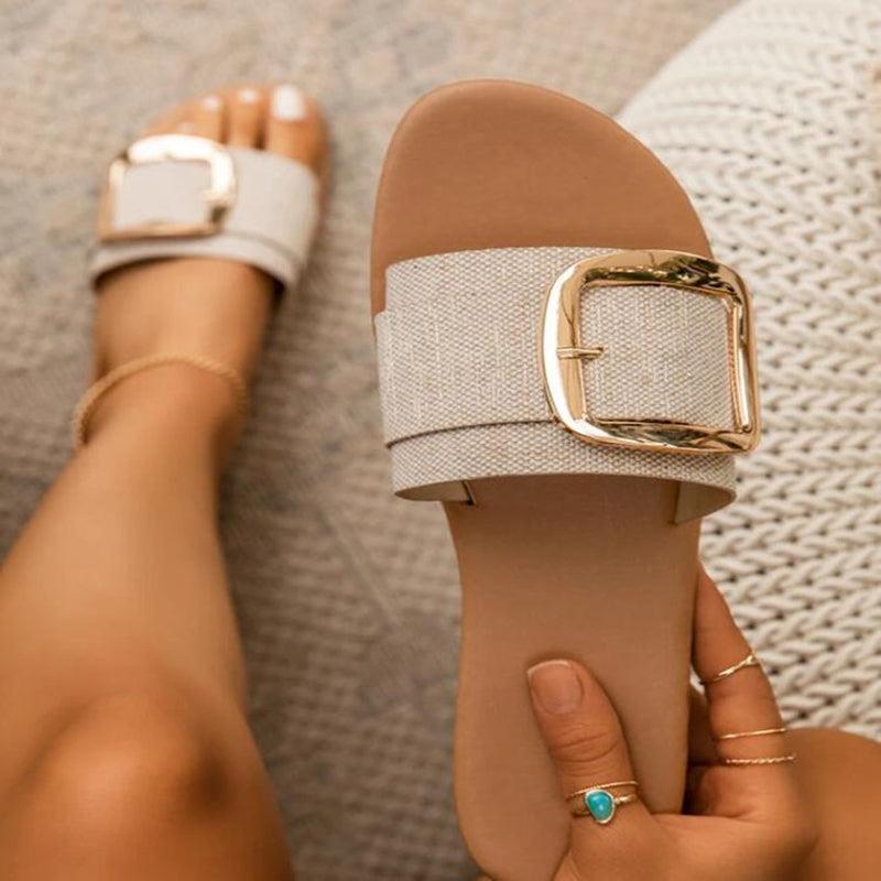 Women's Luxury Summer Fashion Large Buckle Peep Toe Flat Sandals