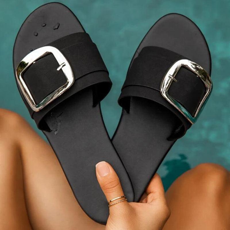 Women's Luxury Summer Fashion Large Buckle Peep Toe Flat Sandals