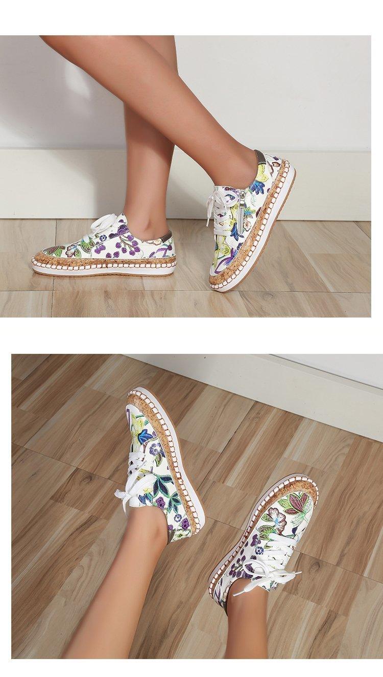Women's High-Quality Boho Colorful Floral Design Lace-up Flat Casual Sneakers Shoes