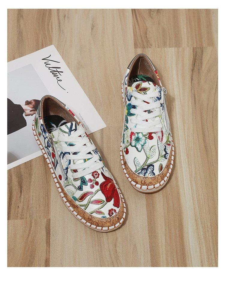 Women's High-Quality Boho Colorful Floral Design Lace-up Flat Casual Sneakers Shoes
