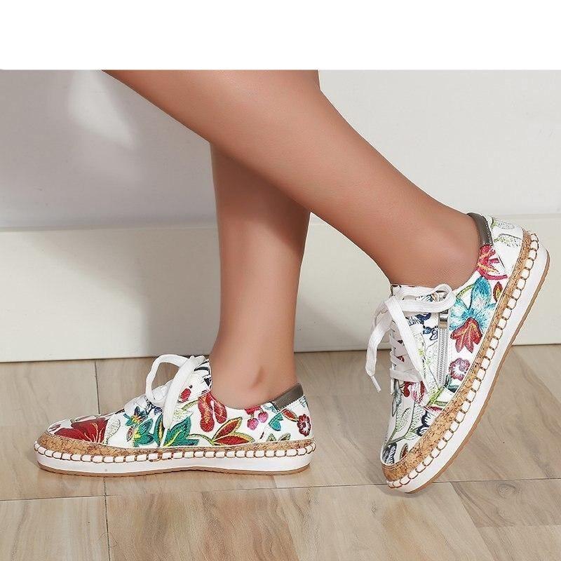 Women's High-Quality Boho Colorful Floral Design Lace-up Flat Casual Sneakers Shoes