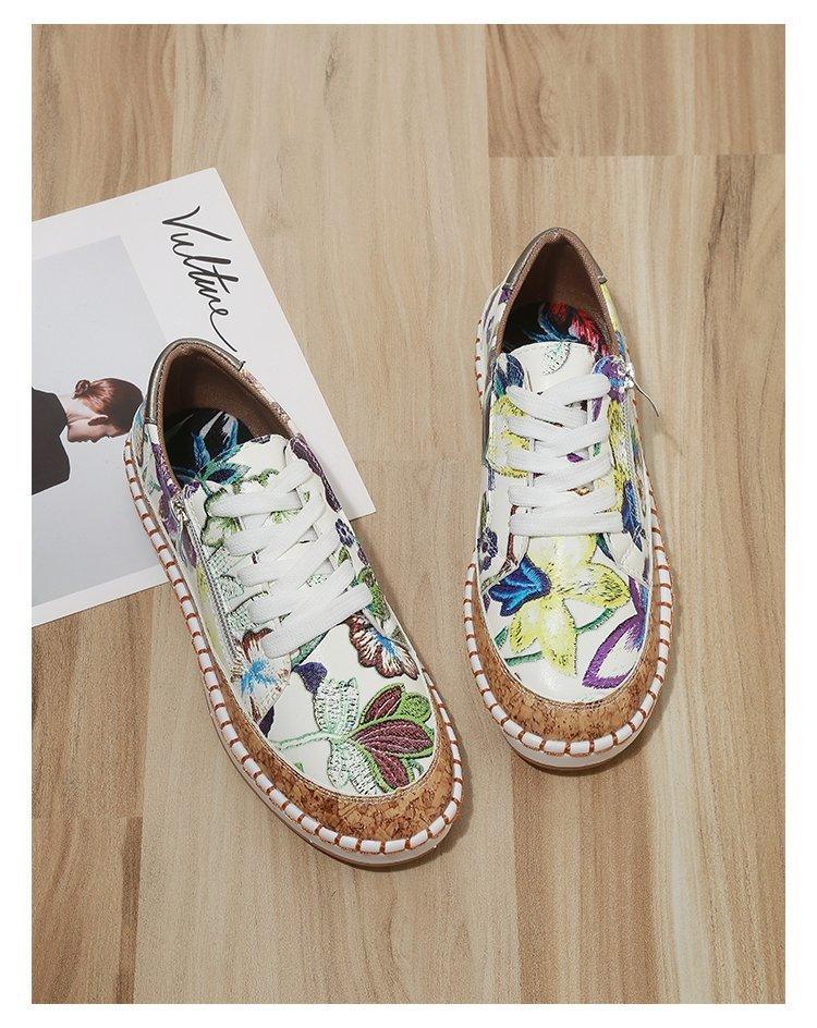 Women's High-Quality Boho Colorful Floral Design Lace-up Flat Casual Sneakers Shoes
