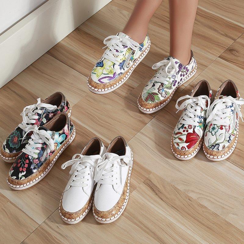 Women's High-Quality Boho Colorful Floral Design Lace-up Flat Casual Sneakers Shoes
