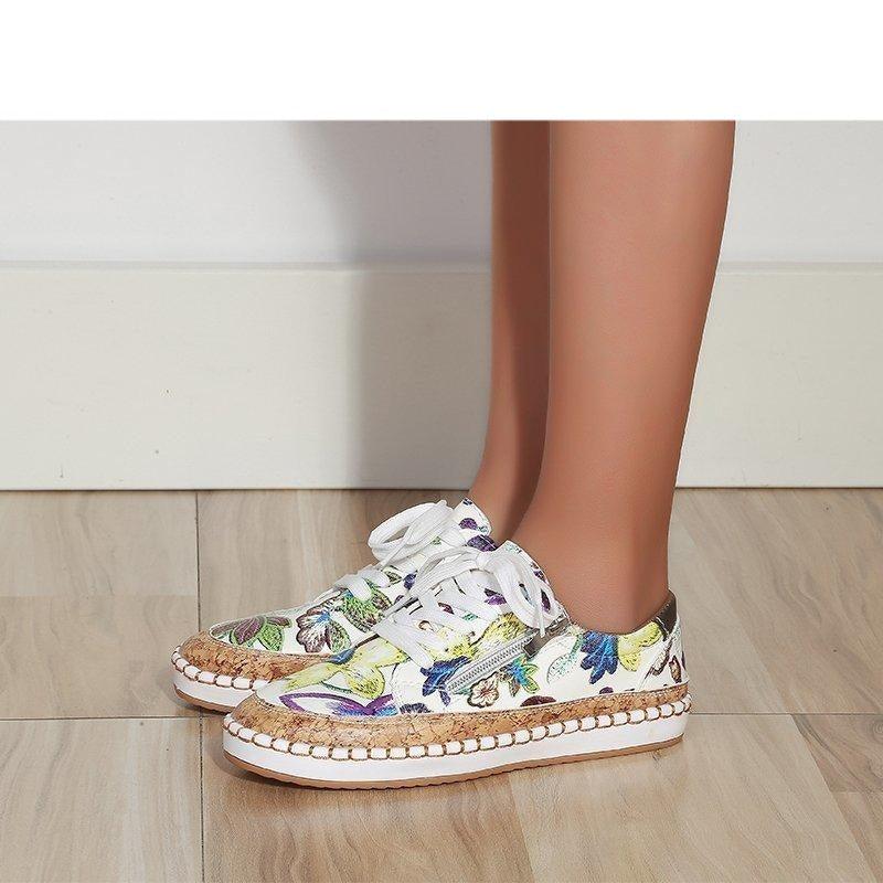 Women's High-Quality Boho Colorful Floral Design Lace-up Flat Casual Sneakers Shoes