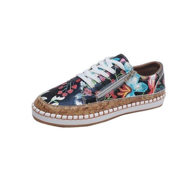 Women's High-Quality Boho Colorful Floral Design Lace-up Flat Casual Sneakers Shoes
